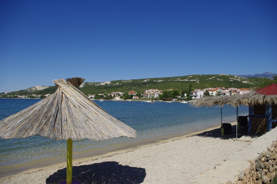 Sunny beachside scene in Stara Novalja, Croatia, featuring straw parasols and clear blue waters.